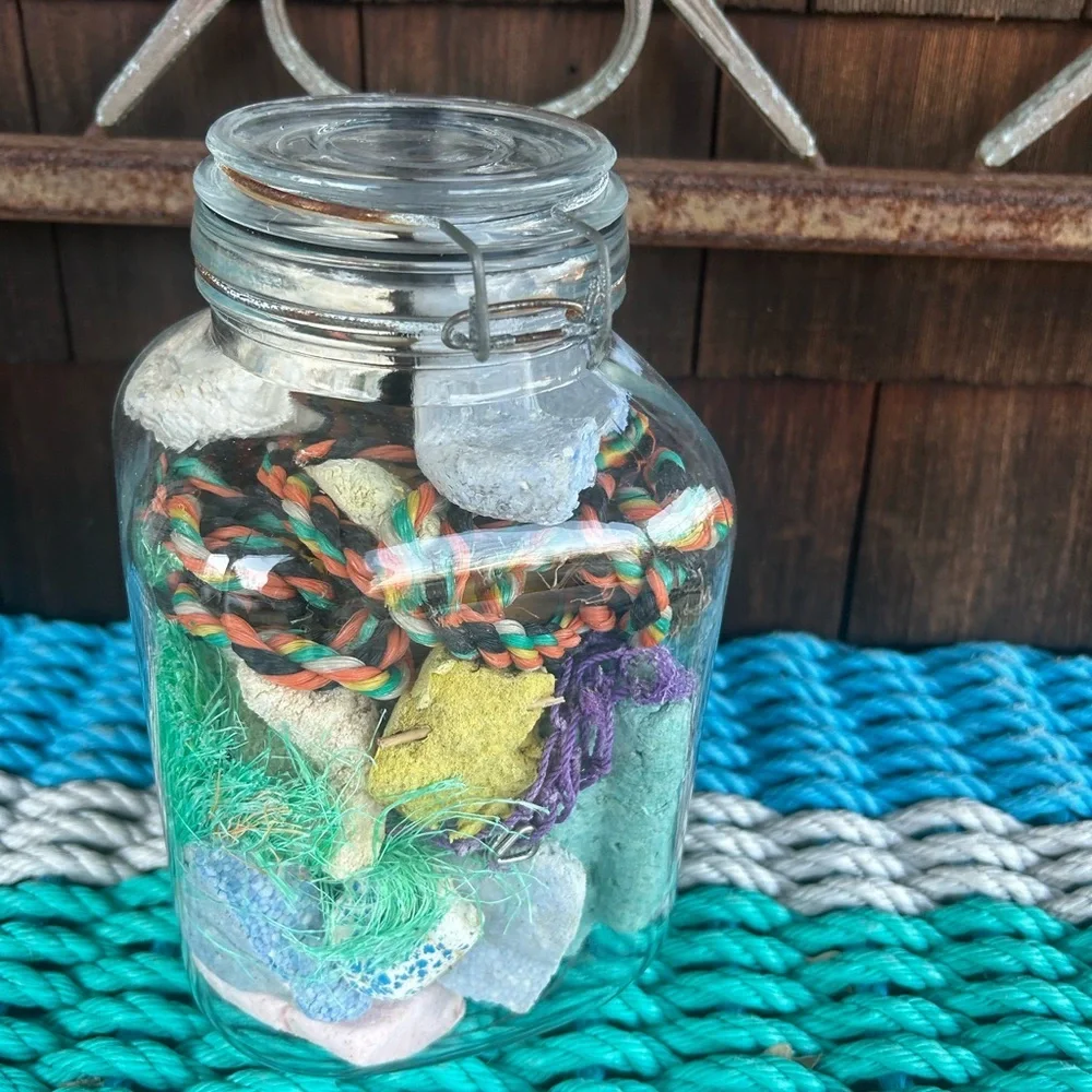 Vintage Glass Jar with Montauk Beach Finds. Sun bleached Buoys, Sea Rope etc